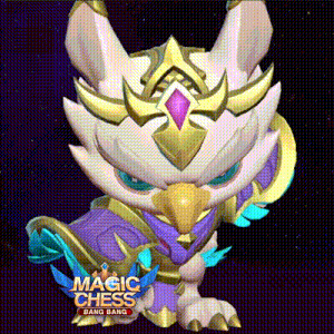 a cartoon character from magic chess bang bang is wearing a purple and gold outfit .