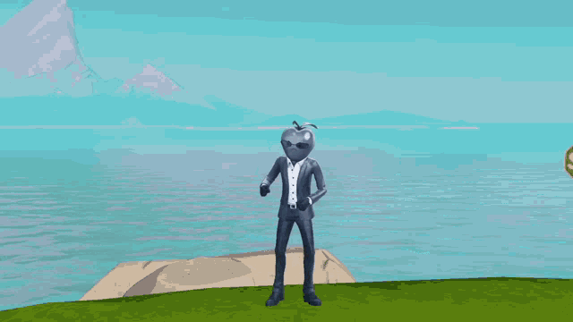 a cartoon character with an apple head and a suit