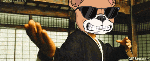 a cartoon of a dog wearing sunglasses and a kimono with gifsec.com at the bottom