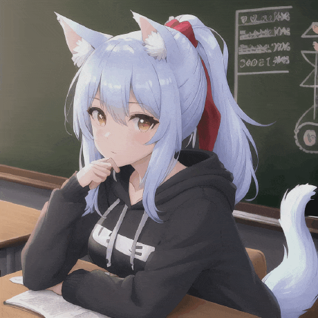 a girl with cat ears is sitting at a desk in front of a blackboard with numbers on it