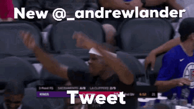 a basketball game is being played in a stadium and a tweet from andrewlander is being displayed
