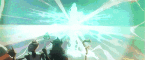 a group of people are standing in front of a glowing light coming from the sky .