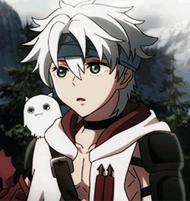 a boy with white hair and green eyes is holding a white cat
