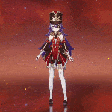 a cartoon character with blue hair and a hat is standing in front of a red background