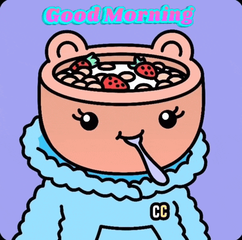 a cartoon of a bear eating a bowl of cereal with the words " good morning " written above it