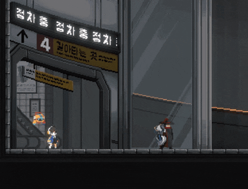 a pixel art drawing of a man talking to another man in front of a sign that says 4