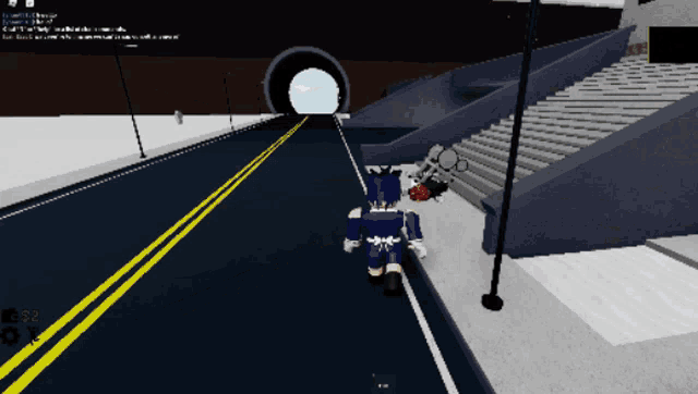a person in a blue outfit is walking down a road in a video game
