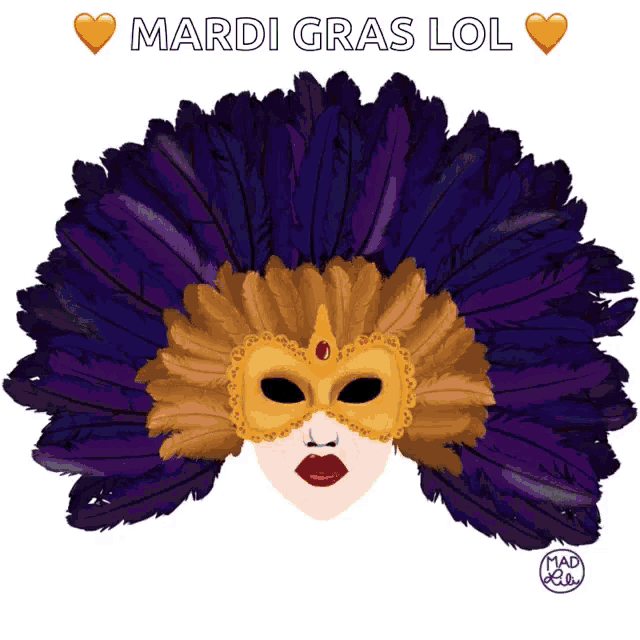a woman wearing a mardi gras mask with purple feathers on her head