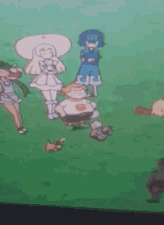 a group of cartoon characters are standing in a field