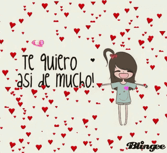 a girl is surrounded by red hearts and the words te quiero asi de mucho