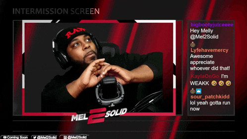 an intermission screen for mel solid shows a man with his hands up
