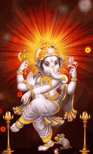 a painting of a dancing deity with a mouse holding a flower