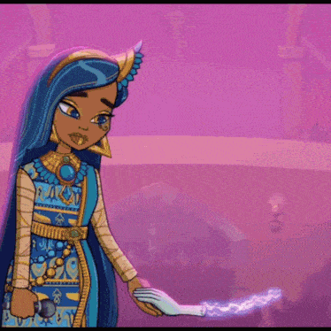a cartoon drawing of a girl with blue hair holding a hand