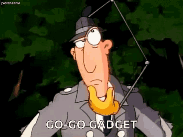 a cartoon character is standing in front of a tree and saying `` go-go gadget '' .