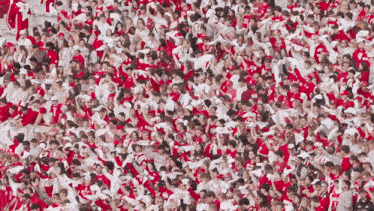 a crowd of people wearing red and white shirts with the number 17 on the front