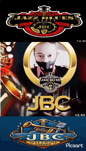 a man wearing a face mask is featured in a jbc logo