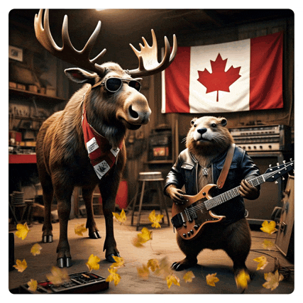a moose and a beaver are standing in front of a canadian flag