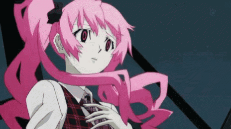 a girl with pink hair and red eyes is wearing a plaid shirt and tie .