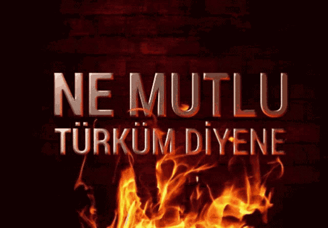 a sign that says ne mutlu with flames in the background