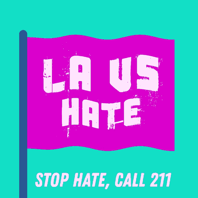 a purple flag with the words la us hate on it