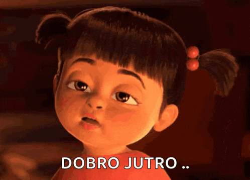 a cartoon girl says " dobro jutro " in front of a red background