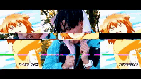 a collage of anime characters with the words s-stay back on the bottom