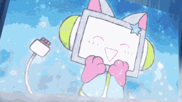 a cartoon drawing of a cat with headphones and a star on its head