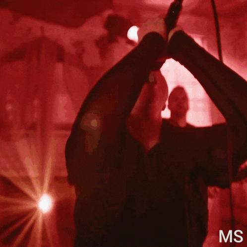 a woman singing into a microphone with the letters ms on the bottom