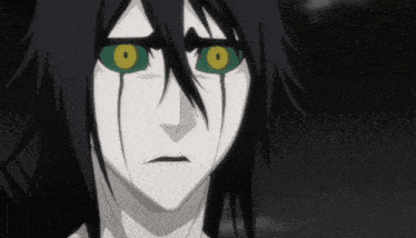 a black and white anime character with yellow eyes