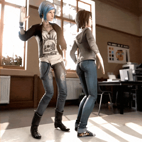 two girls are standing next to each other in a room with a sign on the wall that says " no smoking in classroom "