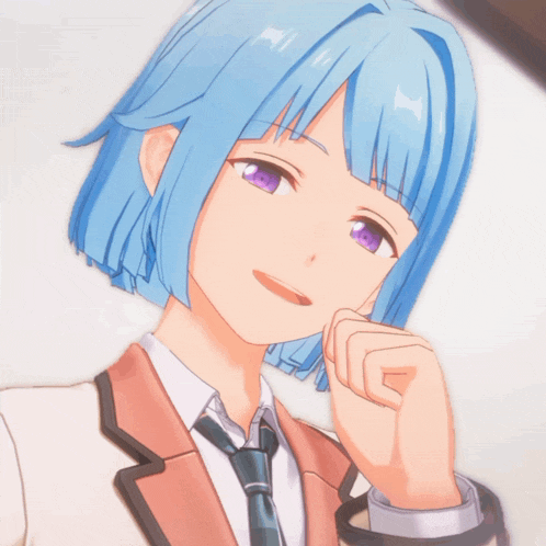 a blue haired anime character with purple eyes