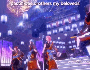 a group of people are dancing on a stage with the words pastel bee brothers my beloveds