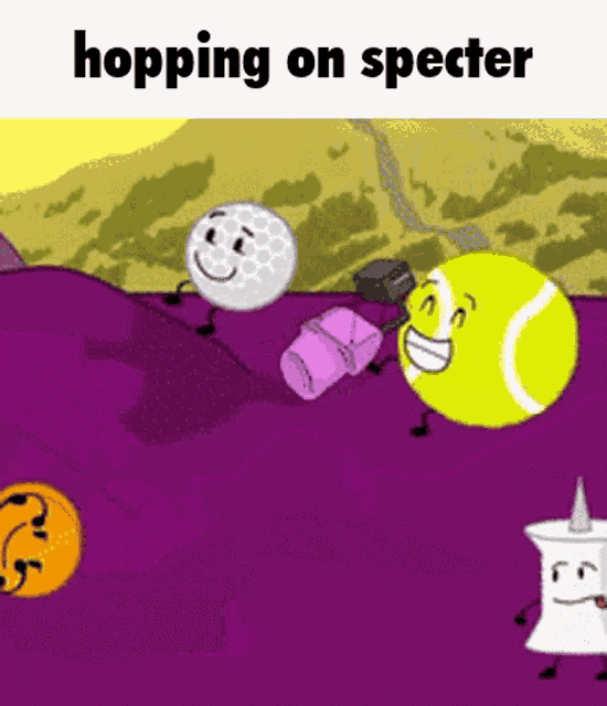 a cartoon of a golf ball a tennis ball and a pin with the words " hopping on specter " above them