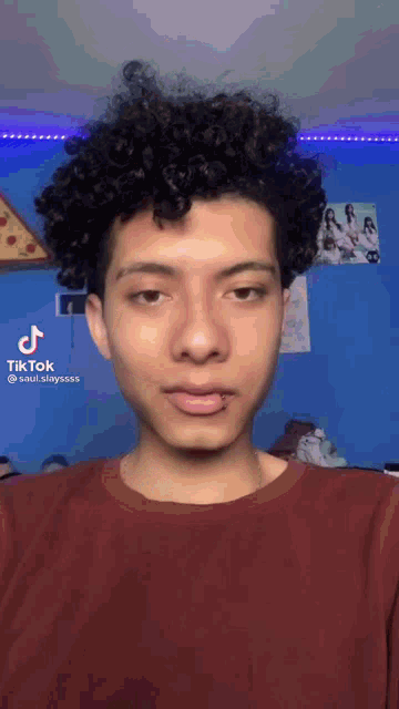 a young man with curly hair is wearing a red t-shirt and has a piercing in his lip .