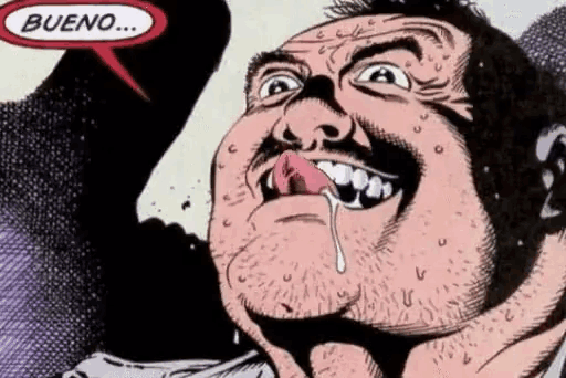 a man with his tongue out and a speech bubble that says bueno