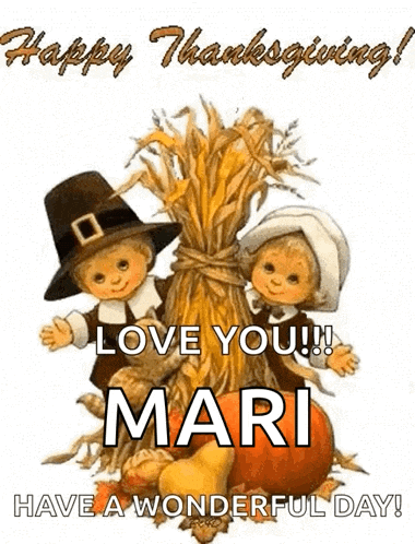 a happy thanksgiving greeting card with two pilgrims and a pile of corn .