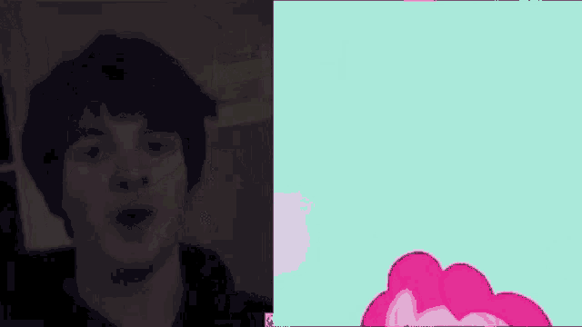 a man and a pink pony are standing next to each other on a computer screen .