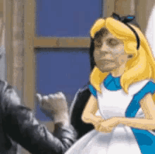 a cartoon of alice from alice in wonderland holding hands with a man