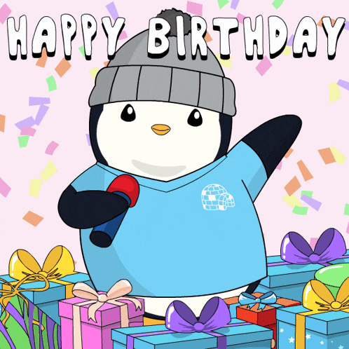 a happy birthday card with a penguin holding a microphone and gifts