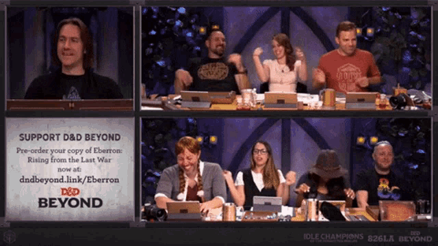 a group of people are sitting around a table with a sign that says support d & d beyond