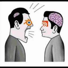 two men are looking at each other with one having a brain on his head