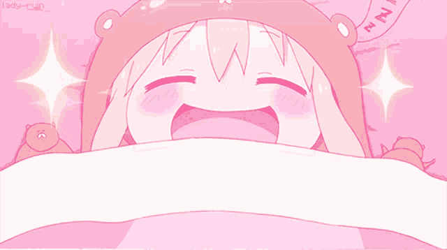a cartoon of a girl wearing a pink bear hat with the word nnn on it