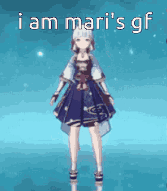 a pixel art of a girl in a blue dress with the words `` i am mari 's gf '' written on it .