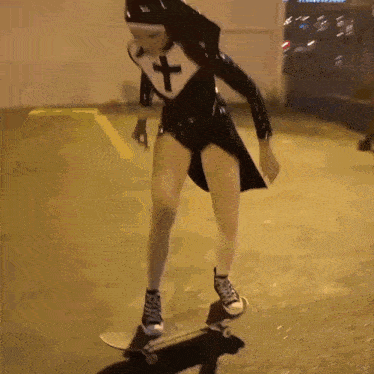 a nun is riding a skateboard in a parking lot