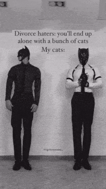 two men dressed as batman and black panther standing next to each other with a sign that says divorce haters
