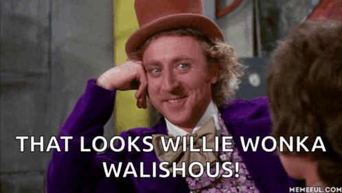 a man in a purple suit and top hat says that looks willie wonka walshous