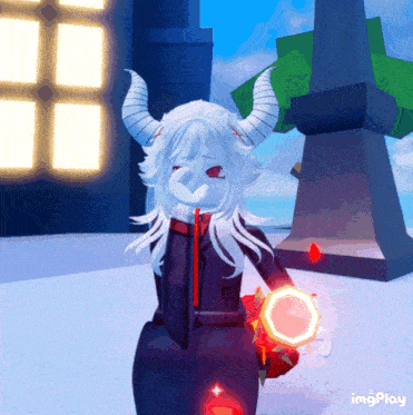 a girl with horns is holding a glowing object in her hand and the word imgplay is on the bottom of the image