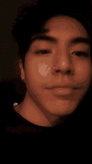 a young man with a nose ring and earrings looks at the camera