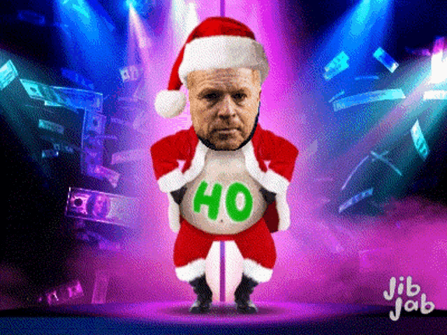 a cartoon of a man dressed as santa claus with the word ho on his belly