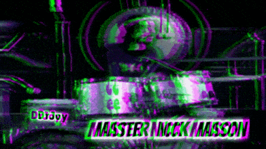 a green and purple image of a man playing drums with the name master nuck mason